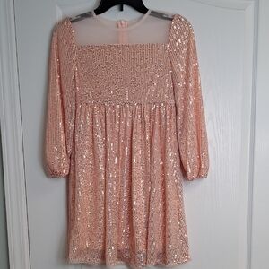 Sequin Pink Peach Kids Formal Long Sleeve Dress